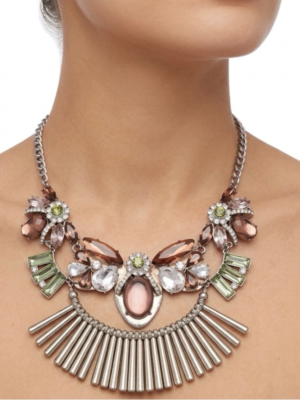 Gold Multicolor Glass Statement Necklace Bold Exaggerated Metal Design